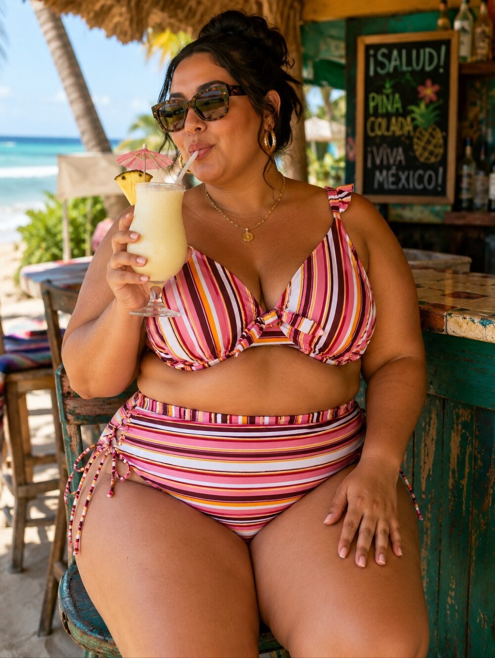 NWT ISLAND RAYS Ruffle Top Lace Up Bottom Plus Size Pink Striped Bikini Set 2X